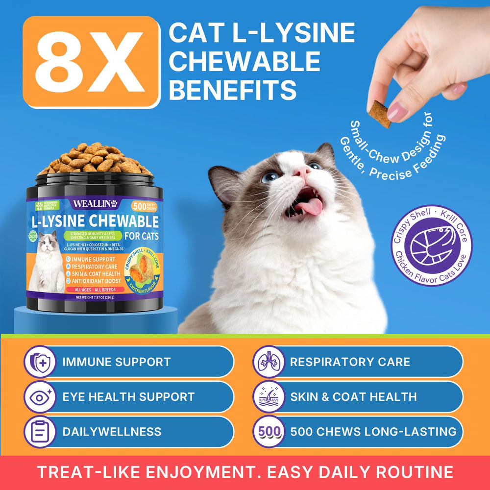 WEALLIN L-Lysine chews for cats, chicken flavor, appealing daily treat.