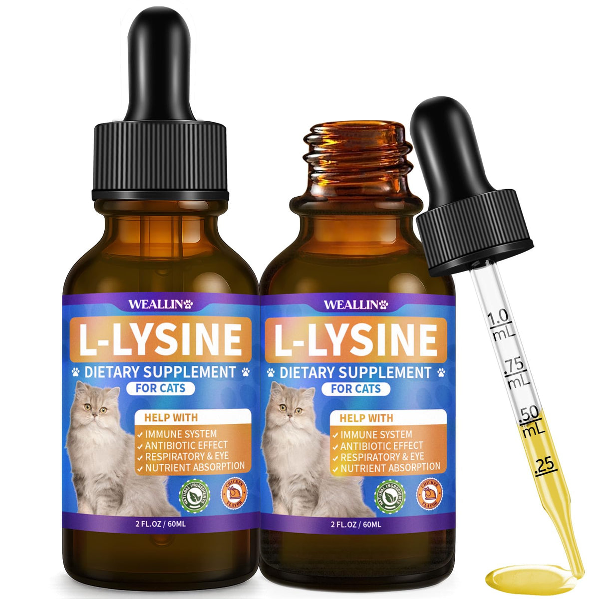 WEALLIN L-lysine cat bottle shown for easy daily dosing and immune support