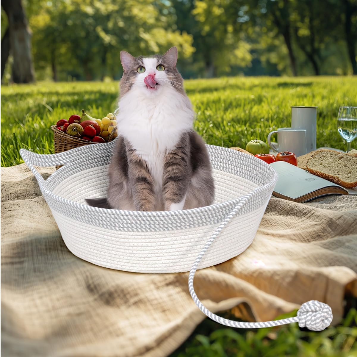 WEAVELYRICS cat bed shown on a sofa scene for indoor use