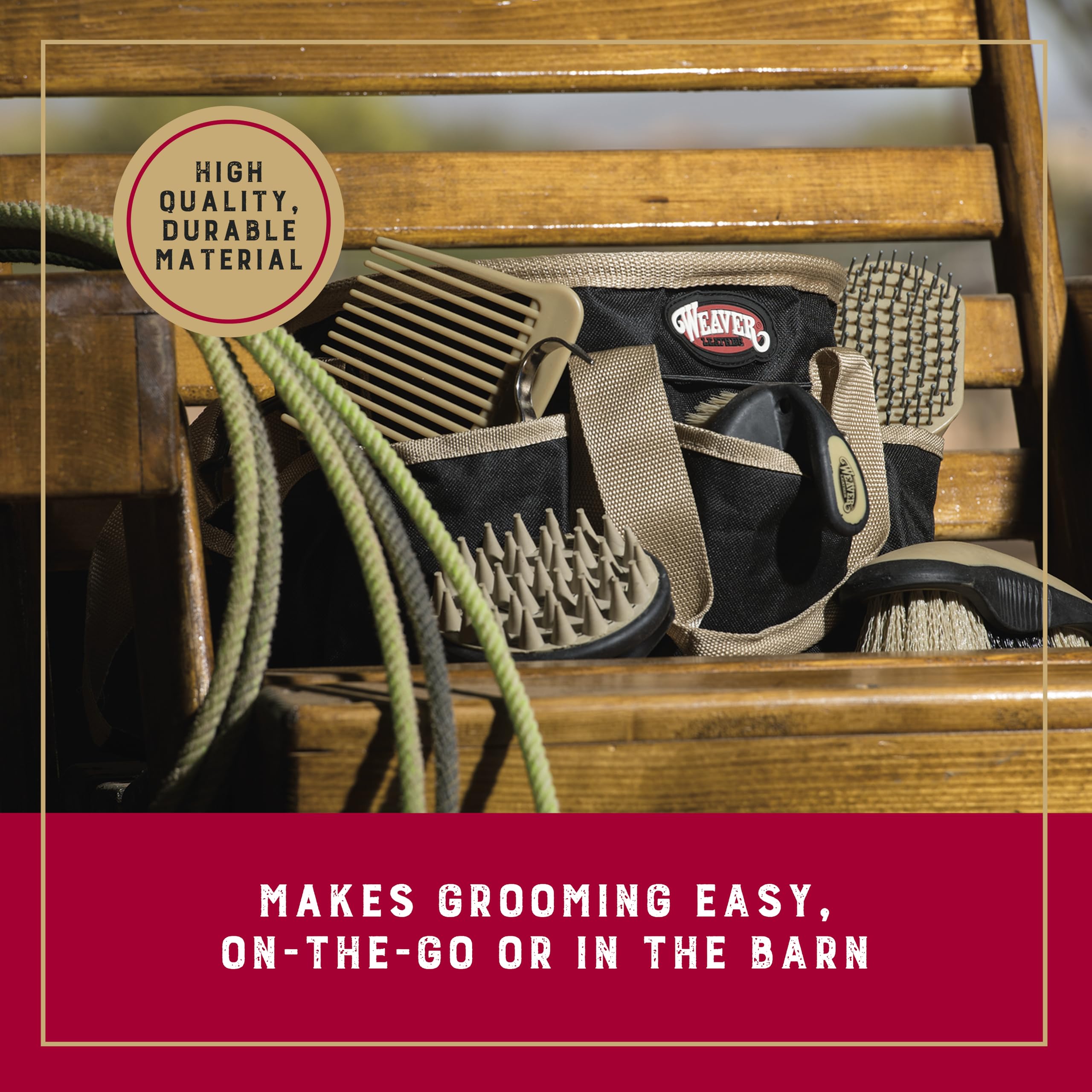 Weaver Equine hoof pick with rubber handle provides comfortable grip during cleaning.