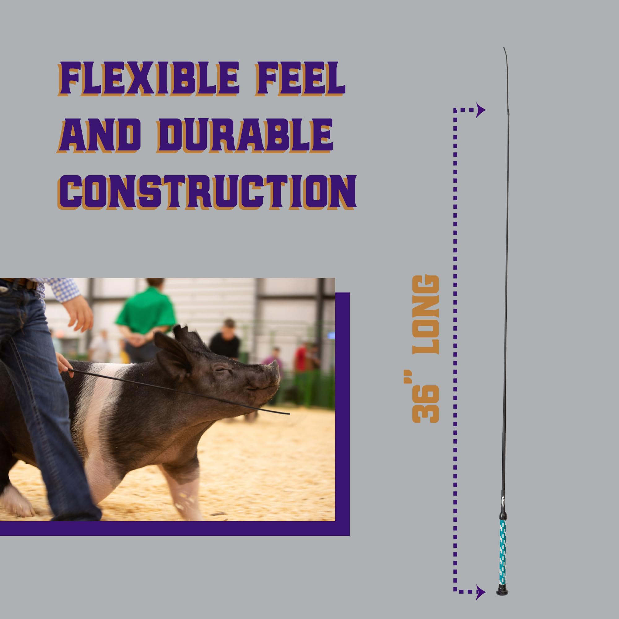 Weaver Livestock pig training whip 36in supports close guiding while maintaining visibility for judges.