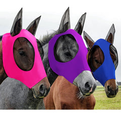 Weewooday horse fly mask full-face with ears in purple keeps flies away and preserves clear vision.