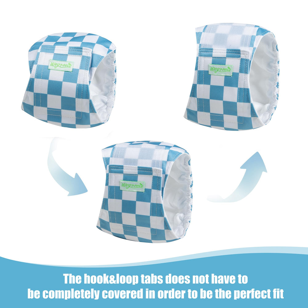 Sewn-in absorbent pad and leak-proof outer layer in blue checkerboard.
