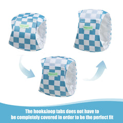 Sewn-in absorbent pad and leak-proof outer layer in blue checkerboard.