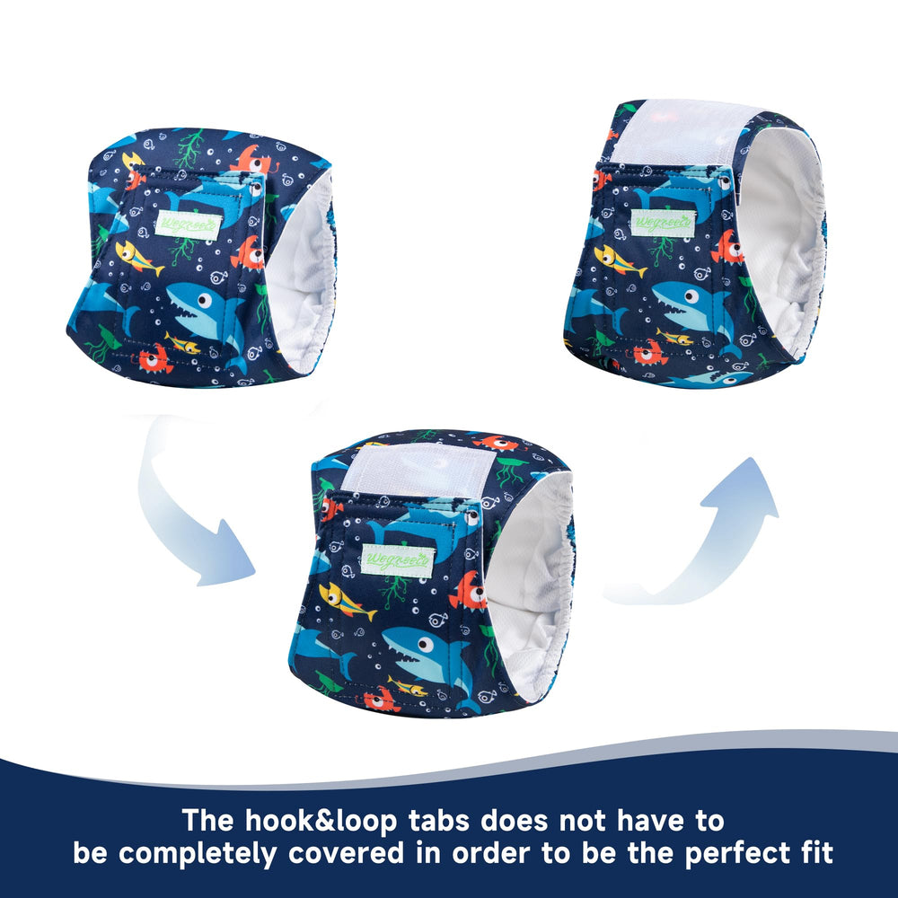 Wegreeco reusable dog diapers in a medium pack emphasizing washability