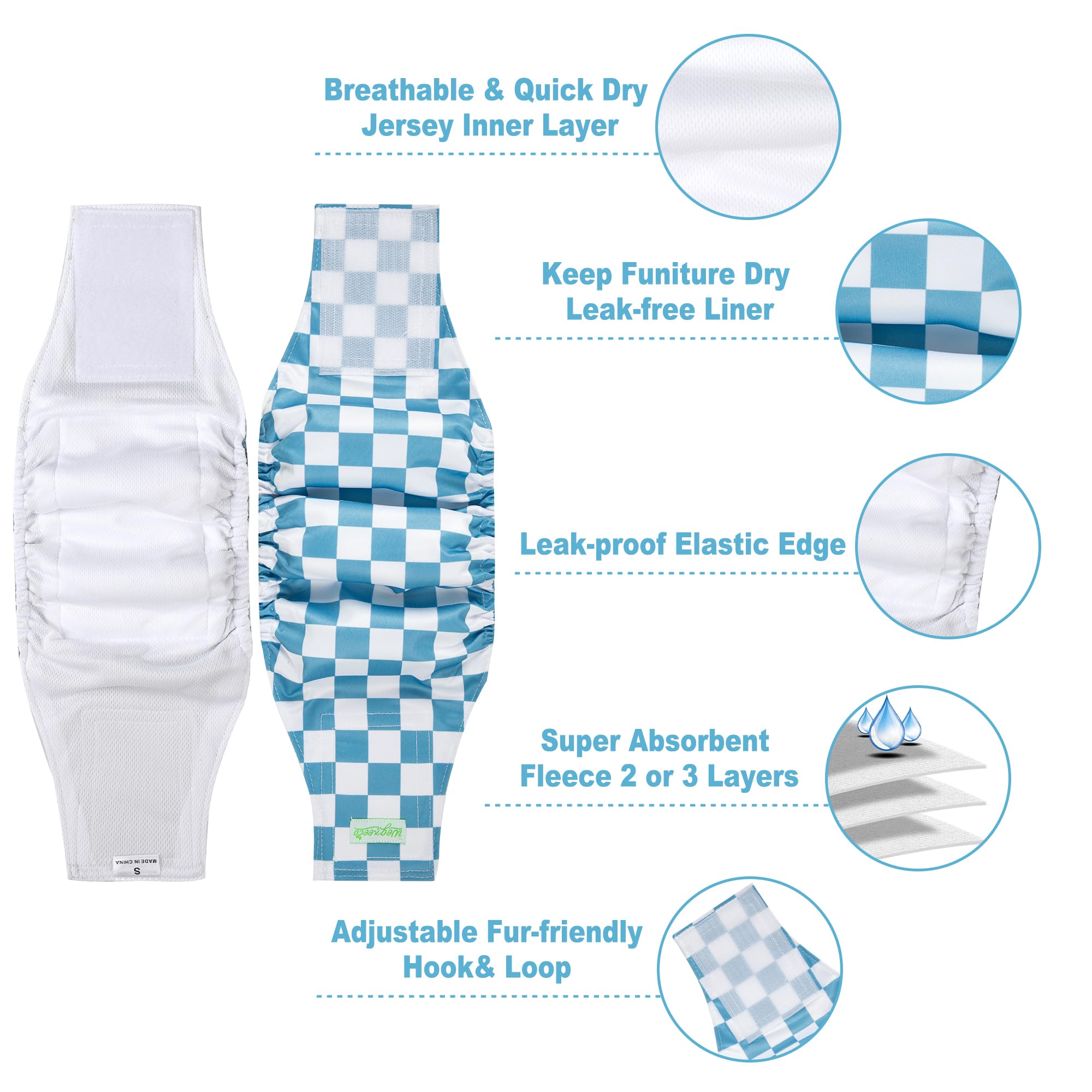 Wegreeco washable wrap for male dogs in blue checkerboard keeps homes cleaner.