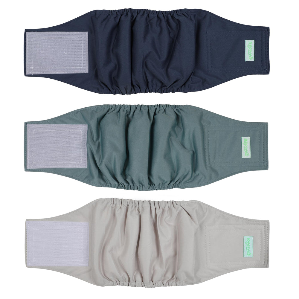 Wegreeco washable male dog belly band in blue pattern protects floors during training.