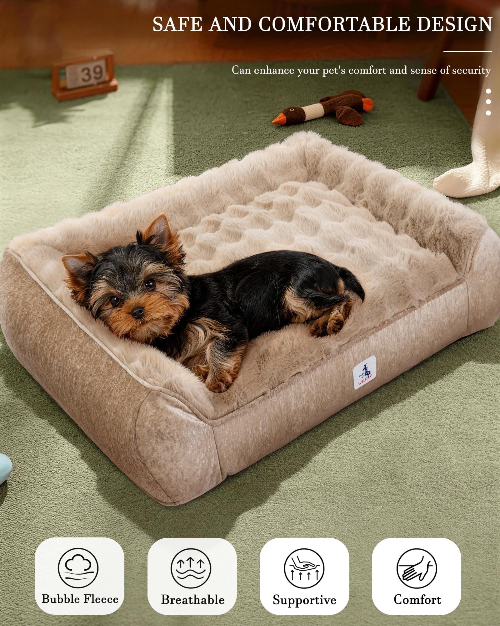 Welfibr dog bed anti-slip bottom keeps bed stable on hardwood floors.