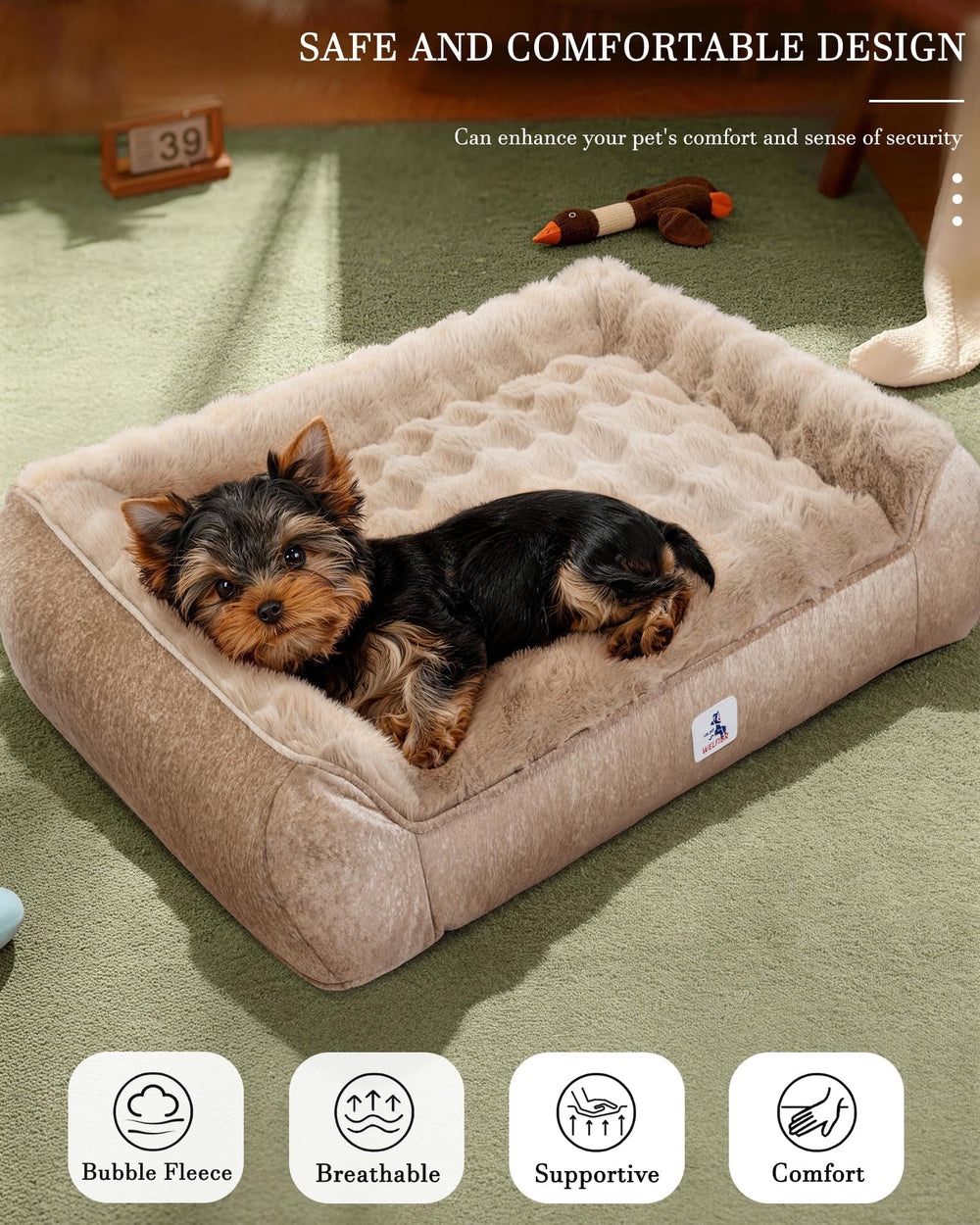 Welfibr dog bed anti-slip bottom keeps bed stable on hardwood floors.