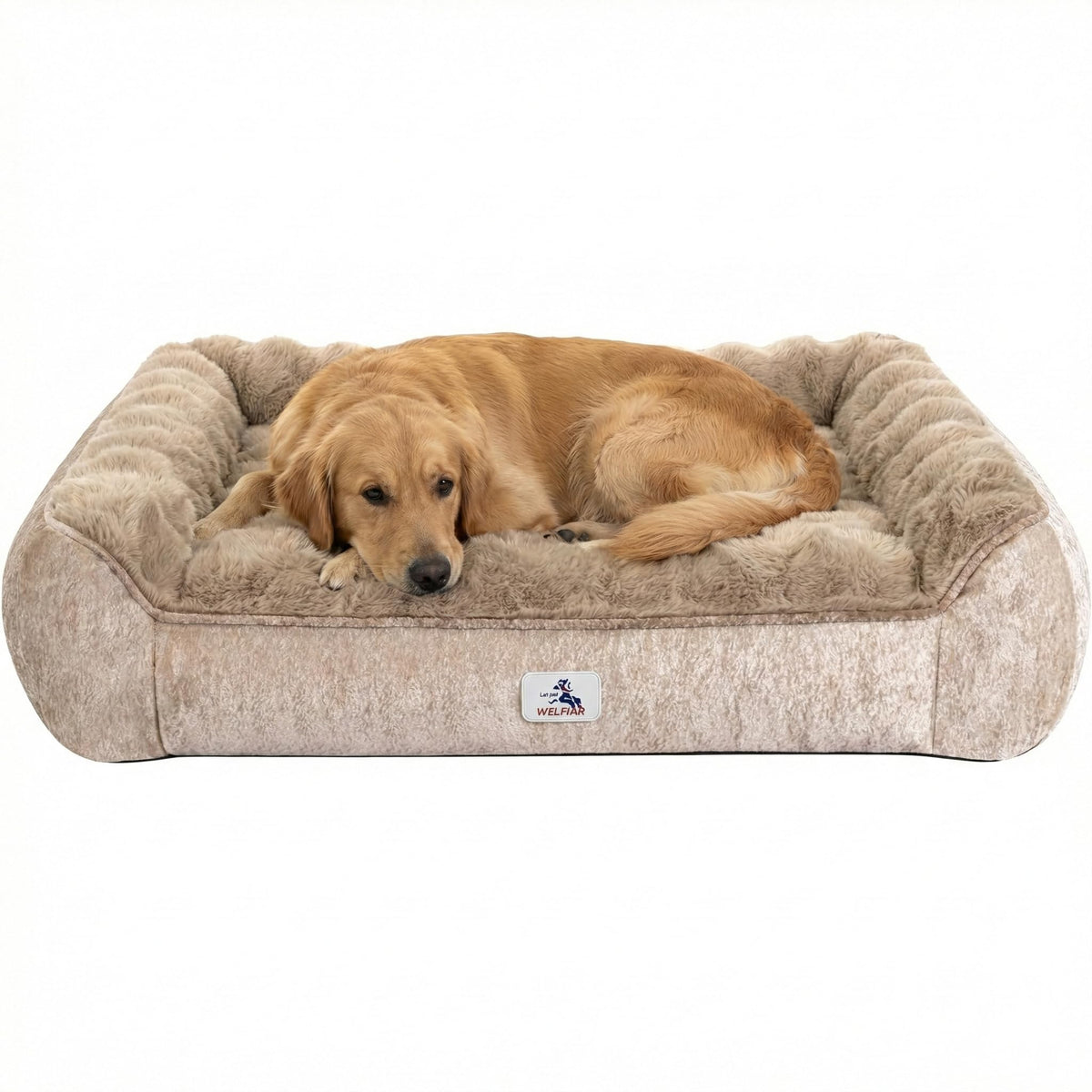 Welfibr dog bed hero taupe illustrates a cozy resting place for small dogs.