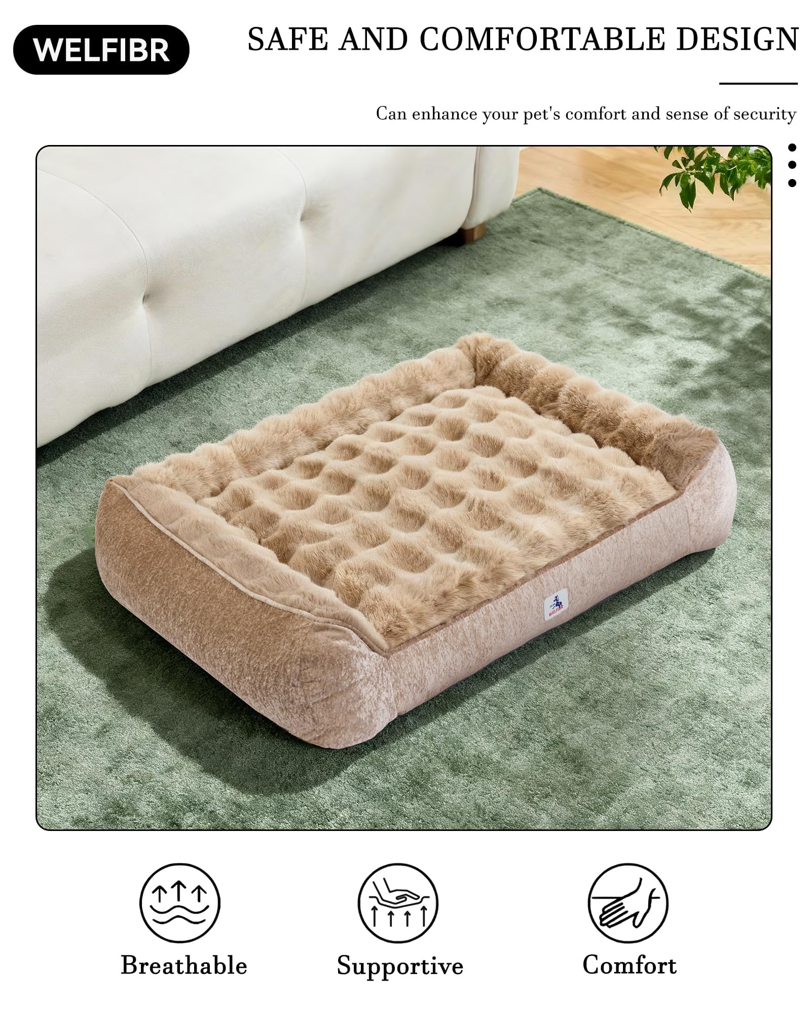 Welfibr dog bed lower front entry eases step-in for puppies and seniors.