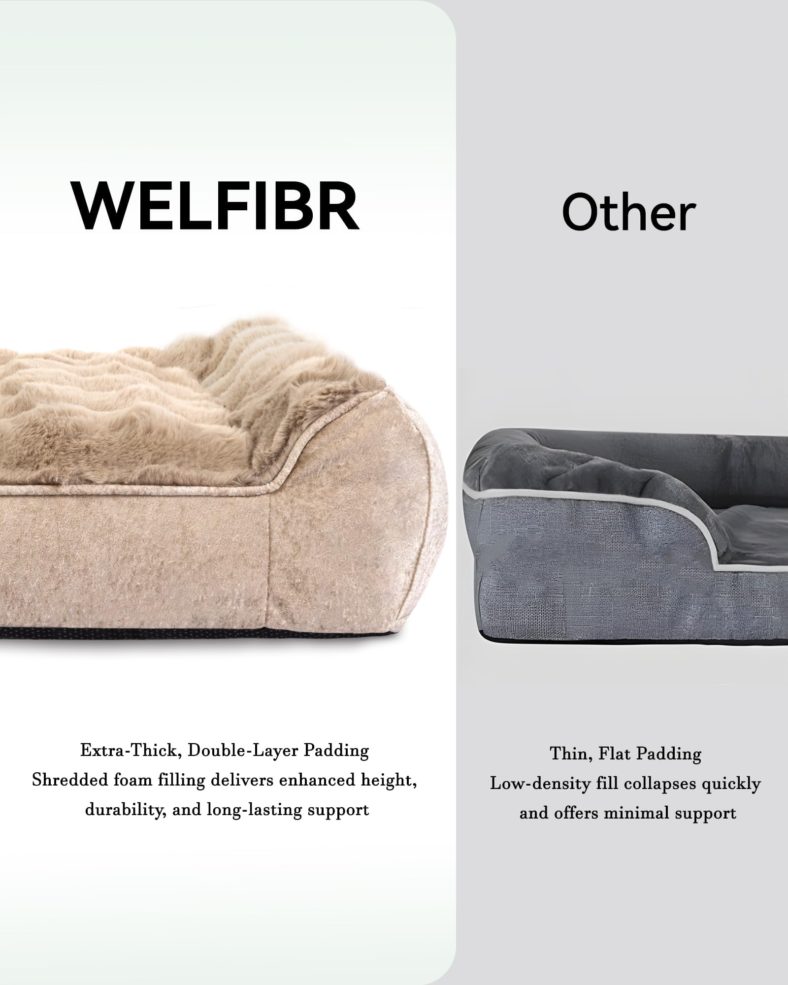 Welfibr dog bed noiseless fabric reduces crinkling for a calm space.