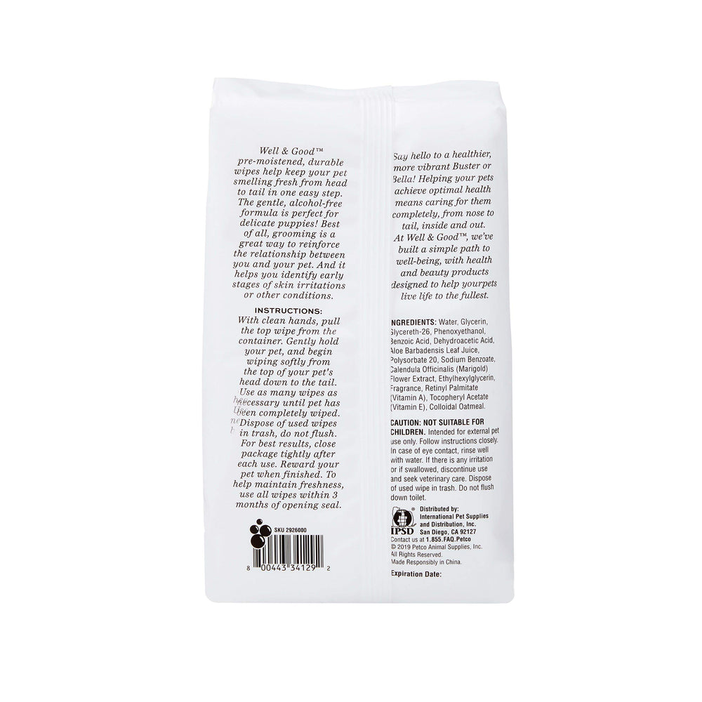 Well & Good Puppy Grooming Wipes close-up texture for gentle cleansing