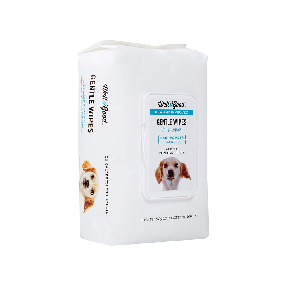 Well & Good packaging detail showing 100 wipes and improved formula