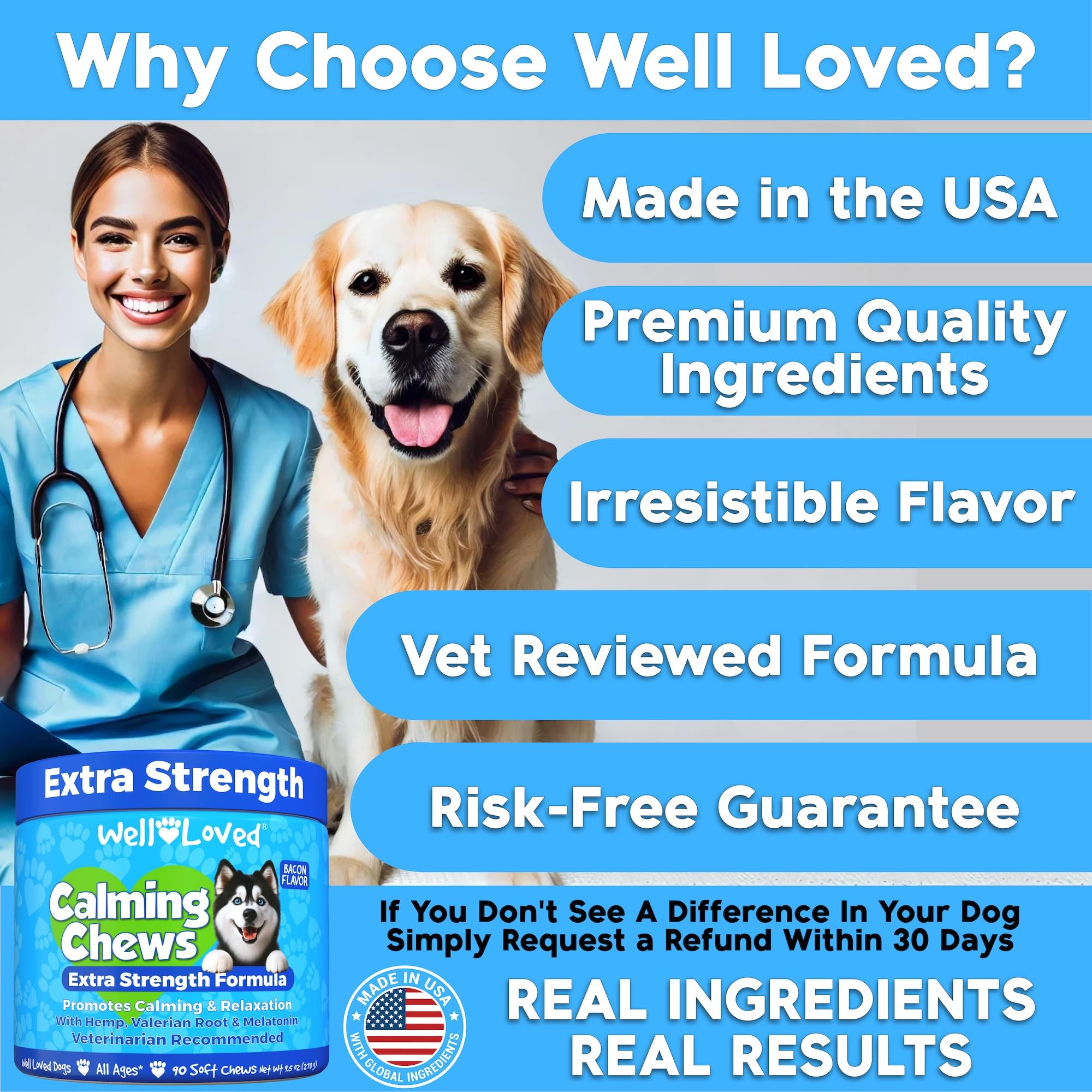 Well Loved Calming Chews bag open illustrating easy serving for dogs.