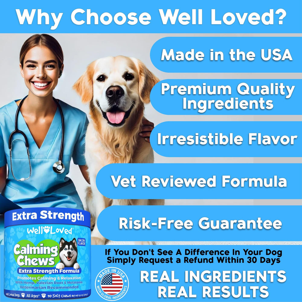 Well Loved Calming Chews bag open illustrating easy serving for dogs.