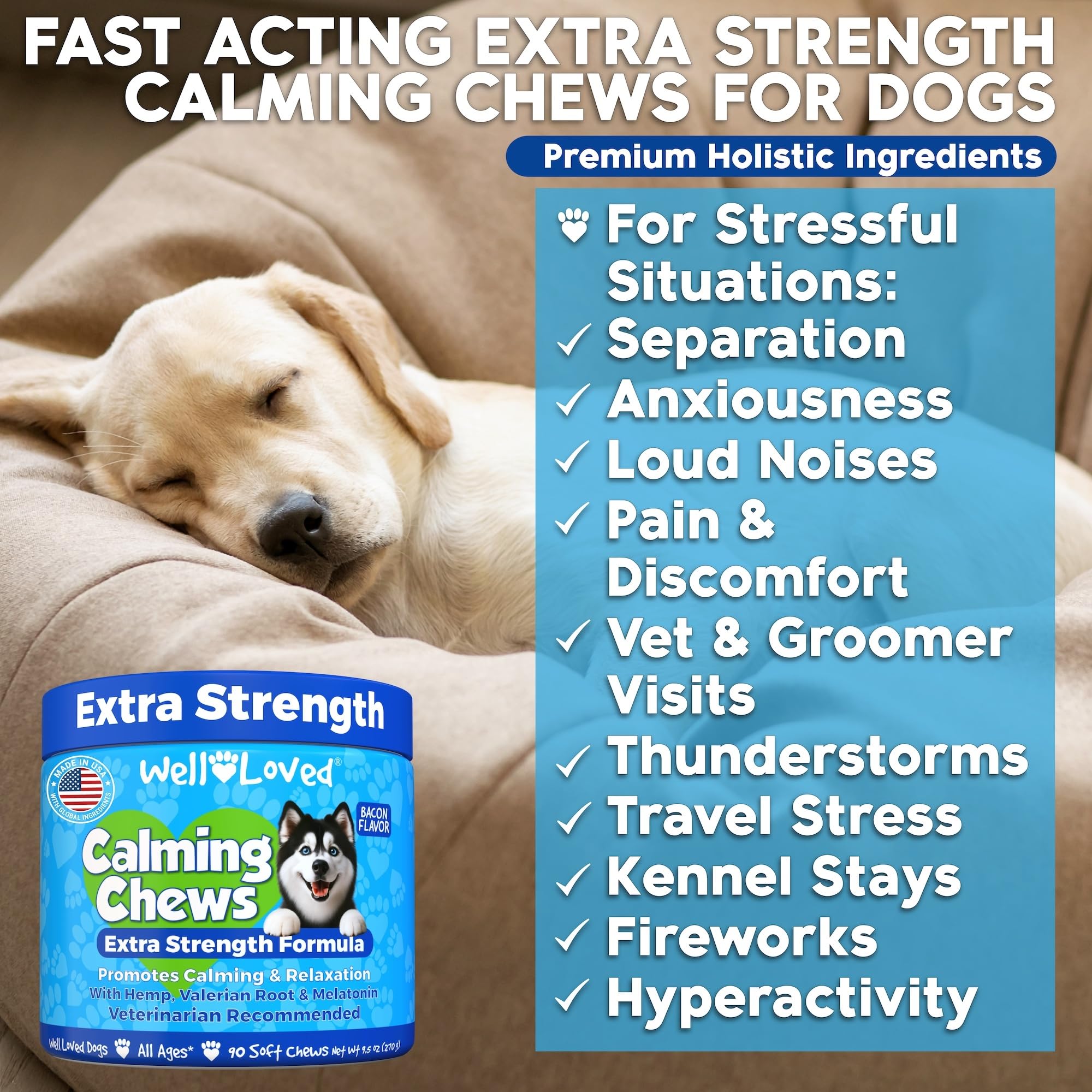 Well Loved Calming Chews bottle close-up highlighting hemp and valerian formula for dogs.