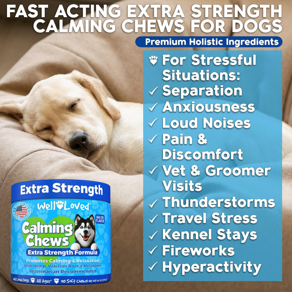 Well Loved Calming Chews bottle close-up highlighting hemp and valerian formula for dogs.