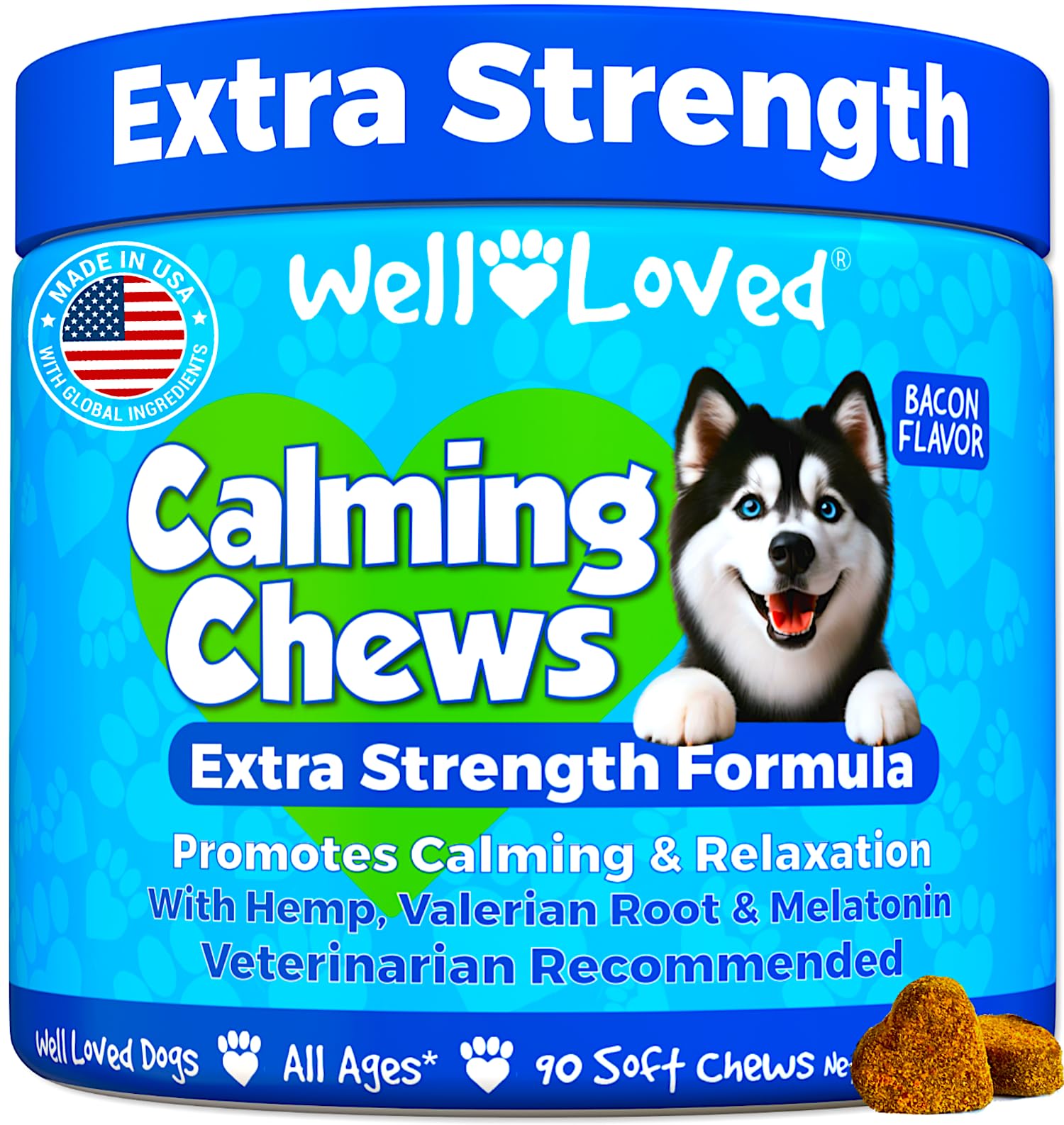 Well Loved Calming Chews bottle – USA-made calming aid for dogs with bacon flavor.