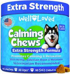 Well Loved Calming Chews bottle – USA-made calming aid for dogs with bacon flavor.