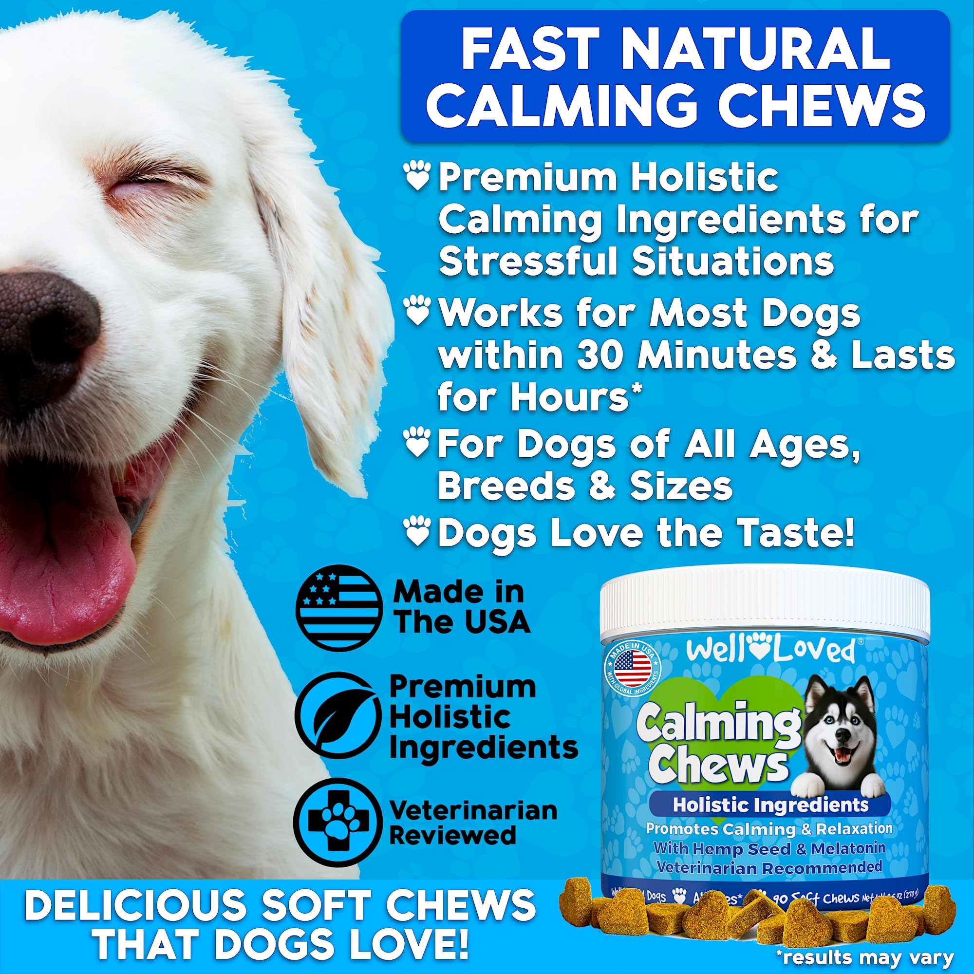 Well Loved Calming Chews packaging label highlights USA-made, vet-developed formula