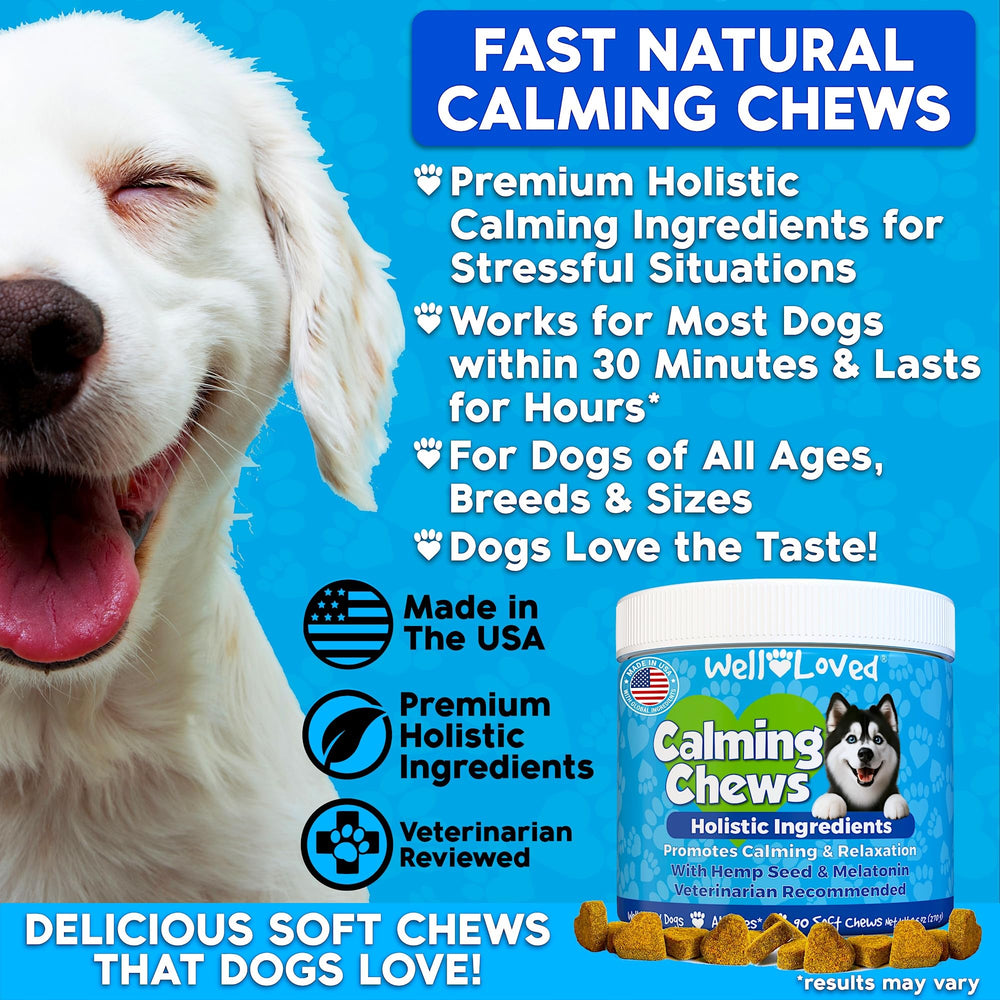 Well Loved Calming Chews packaging label highlights USA-made, vet-developed formula