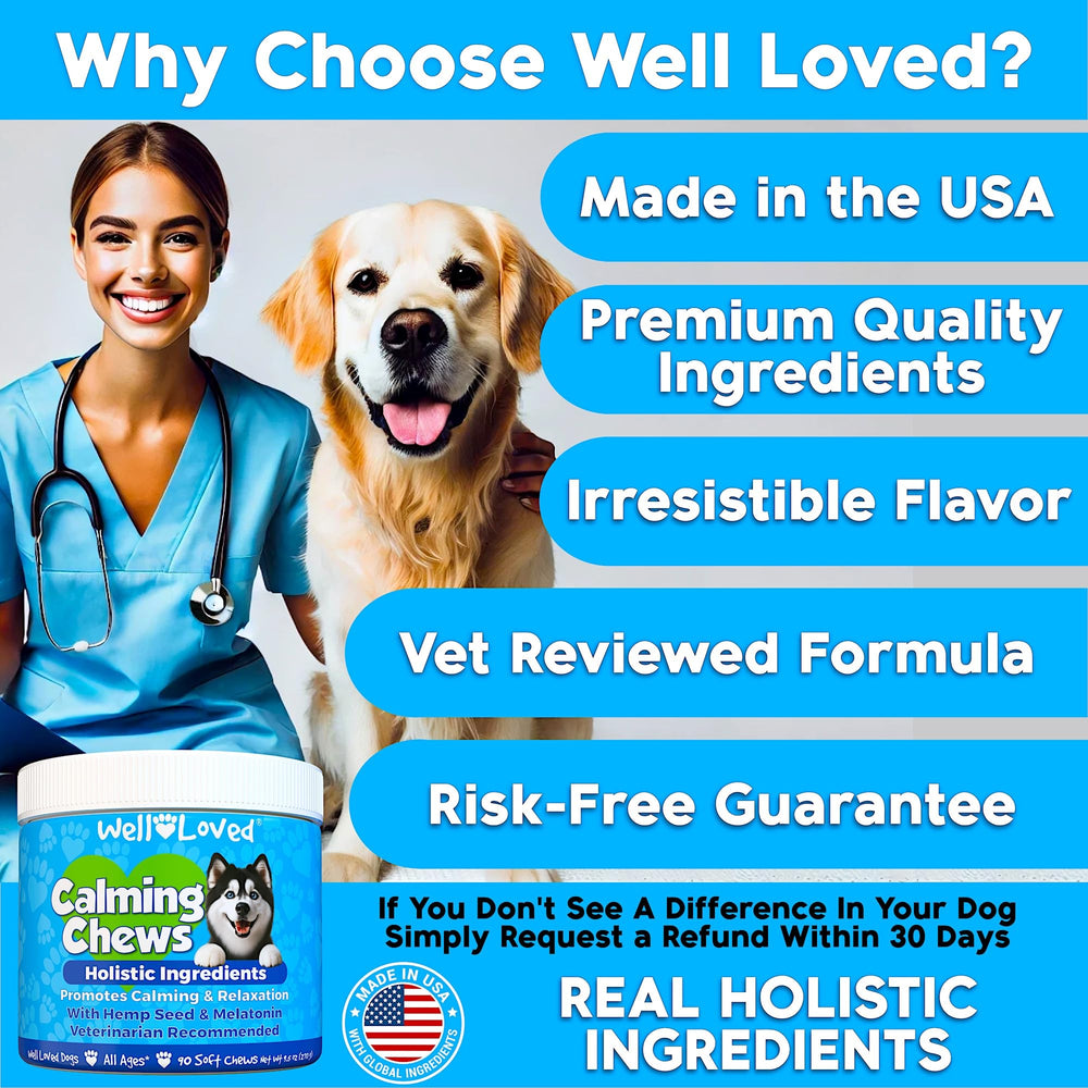 Well Loved Calming Chews vet-developed badge signals trusted veterinary input