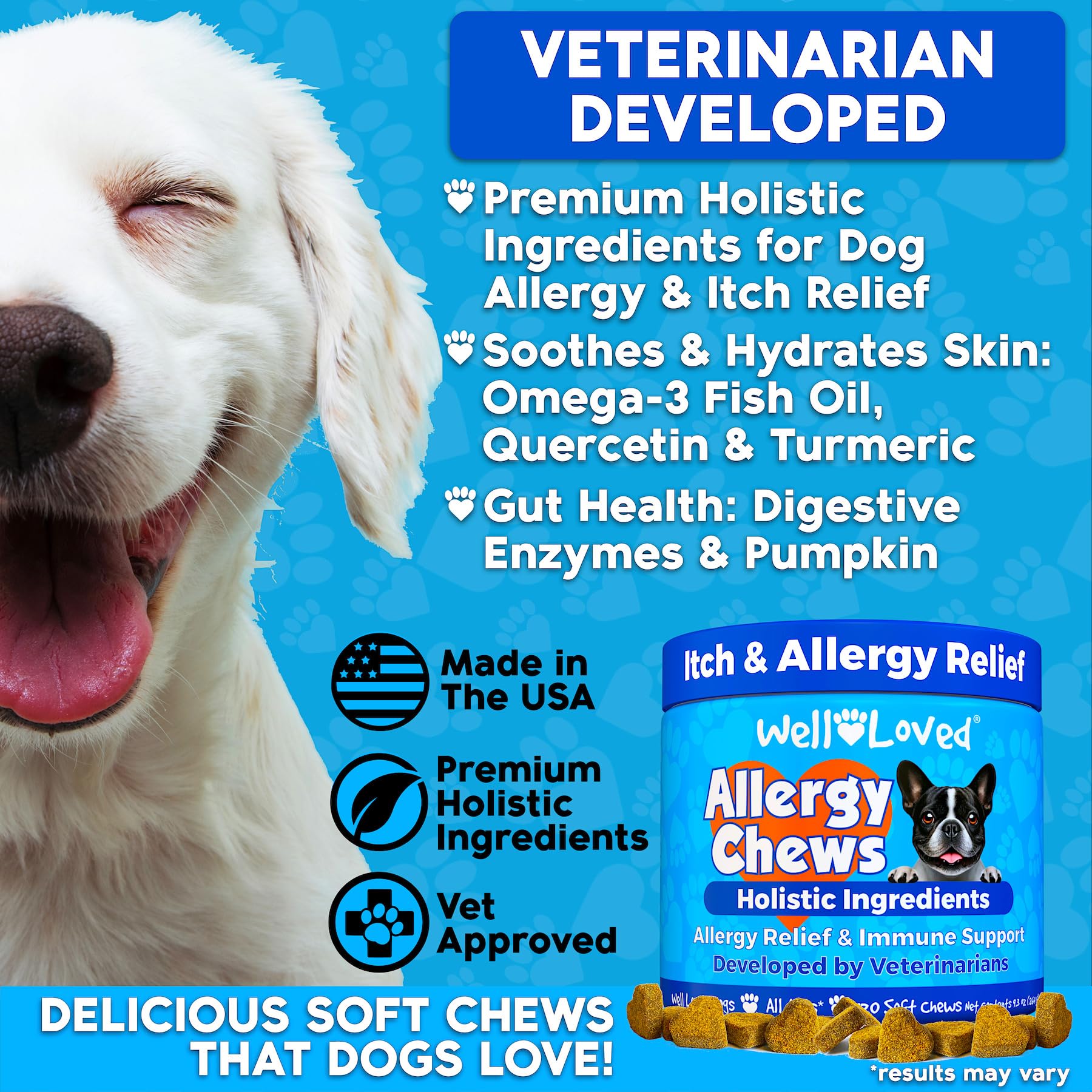 Well Loved Dog Allergy Chews package highlights USA-made safety for seasonal allergies.