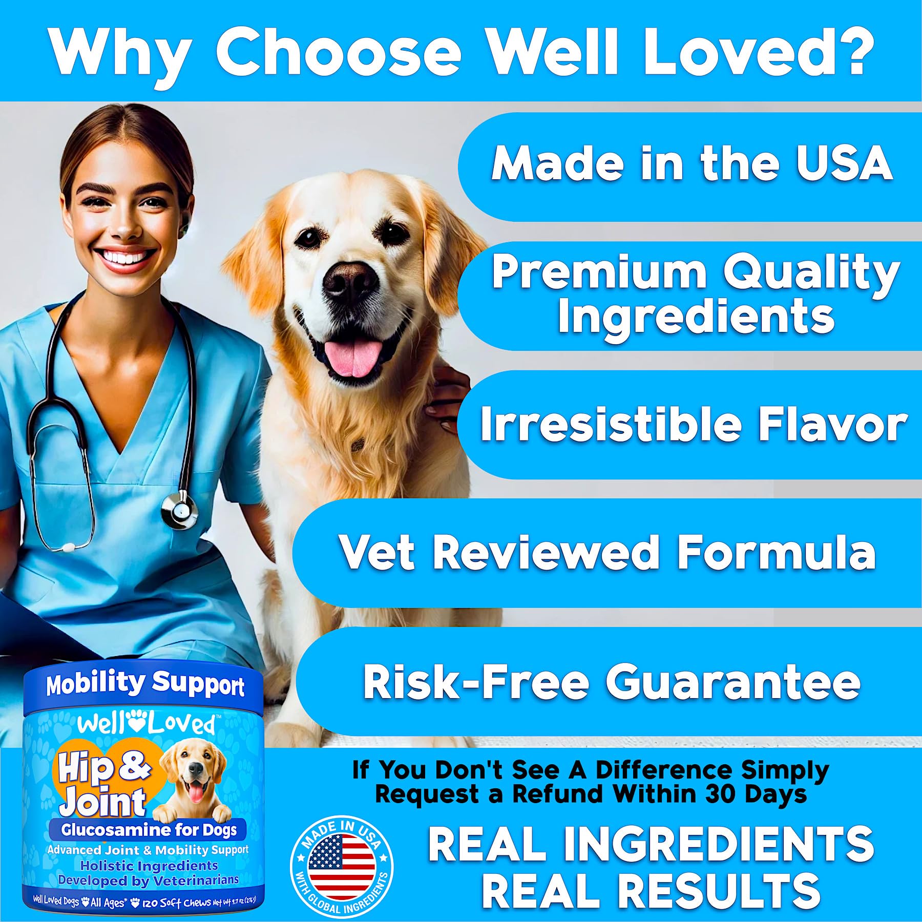 USA flag symbol on Well Loved dog chew packaging.