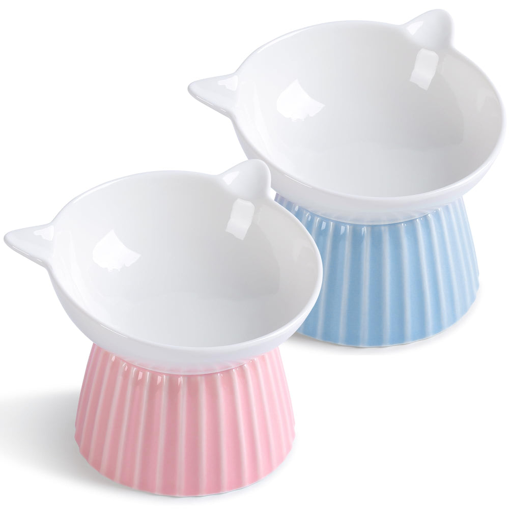 Wellbro ceramic raised cat bowl, full view, elevated design for comfortable dining.