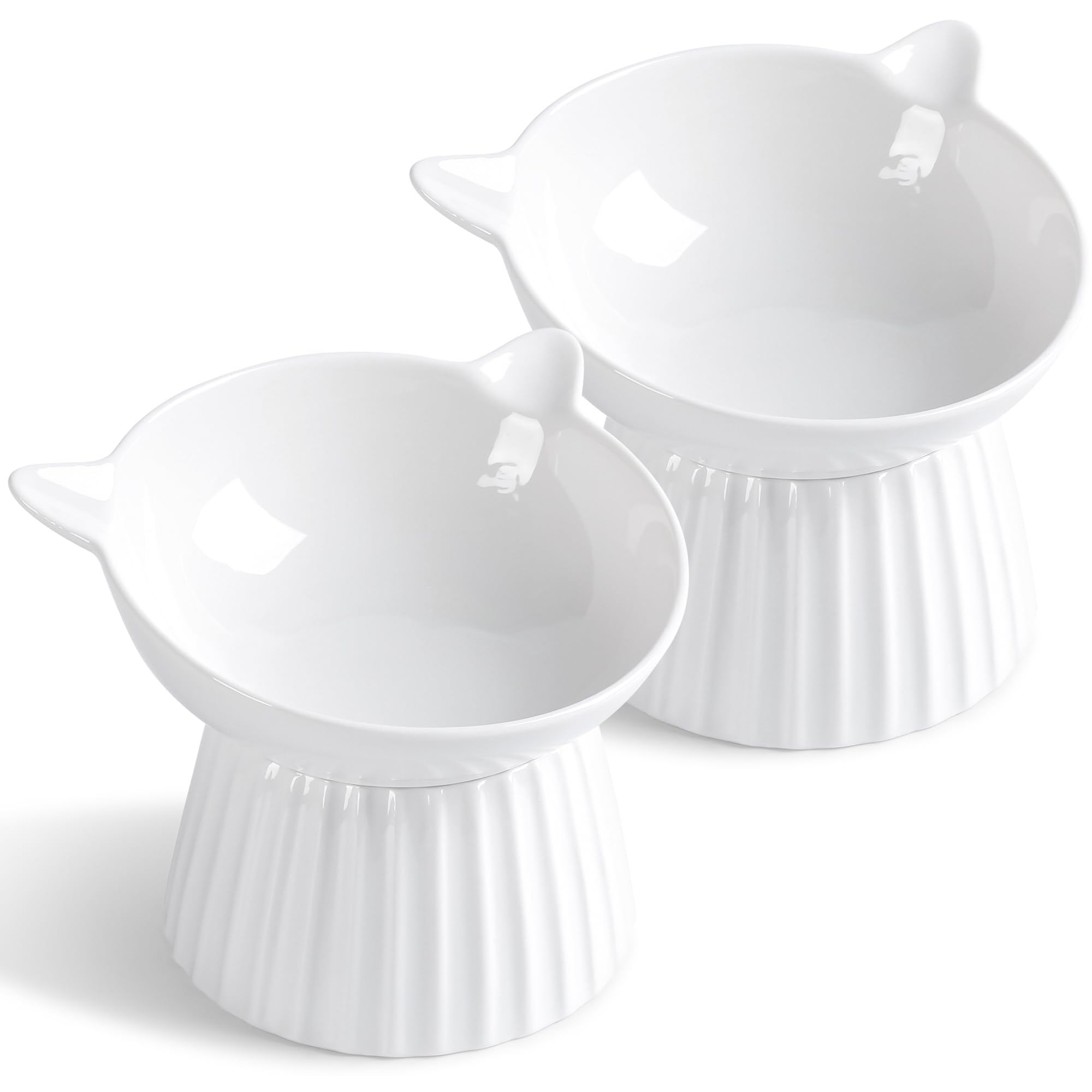 Wellbro ceramic raised cat bowl tilt top view promotes comfortable feeding