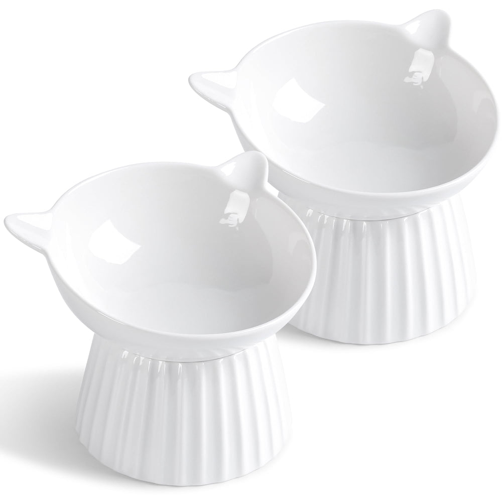 Wellbro ceramic raised cat bowl tilt top view promotes comfortable feeding