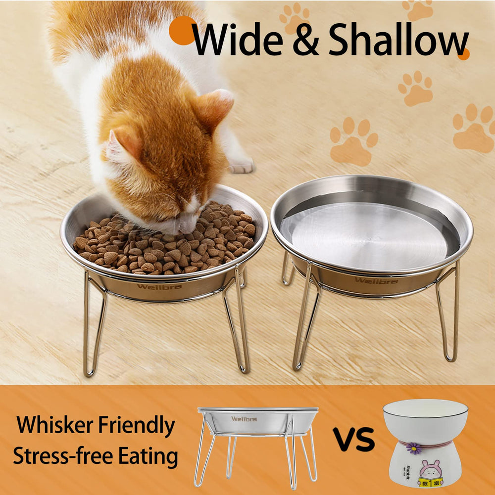 Wellbro metal stand cat dish supports proper posture during dining.