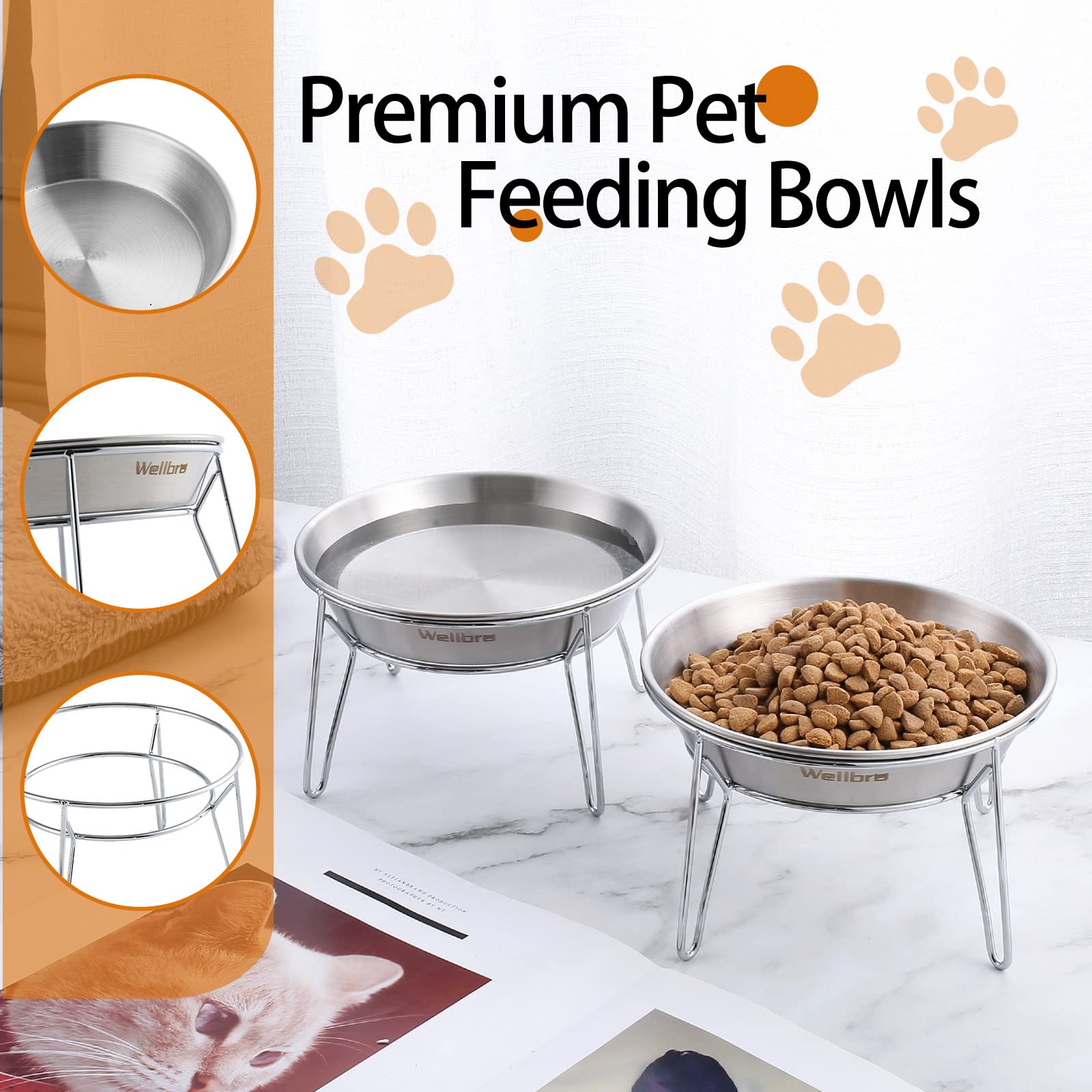 Wellbro shallow, wide dish prevents whisker contact while eating.