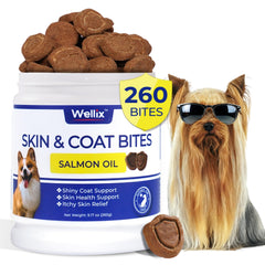 Wellix 260 Bites bottle offers convenient omega-3 support for healthier skin and coat.