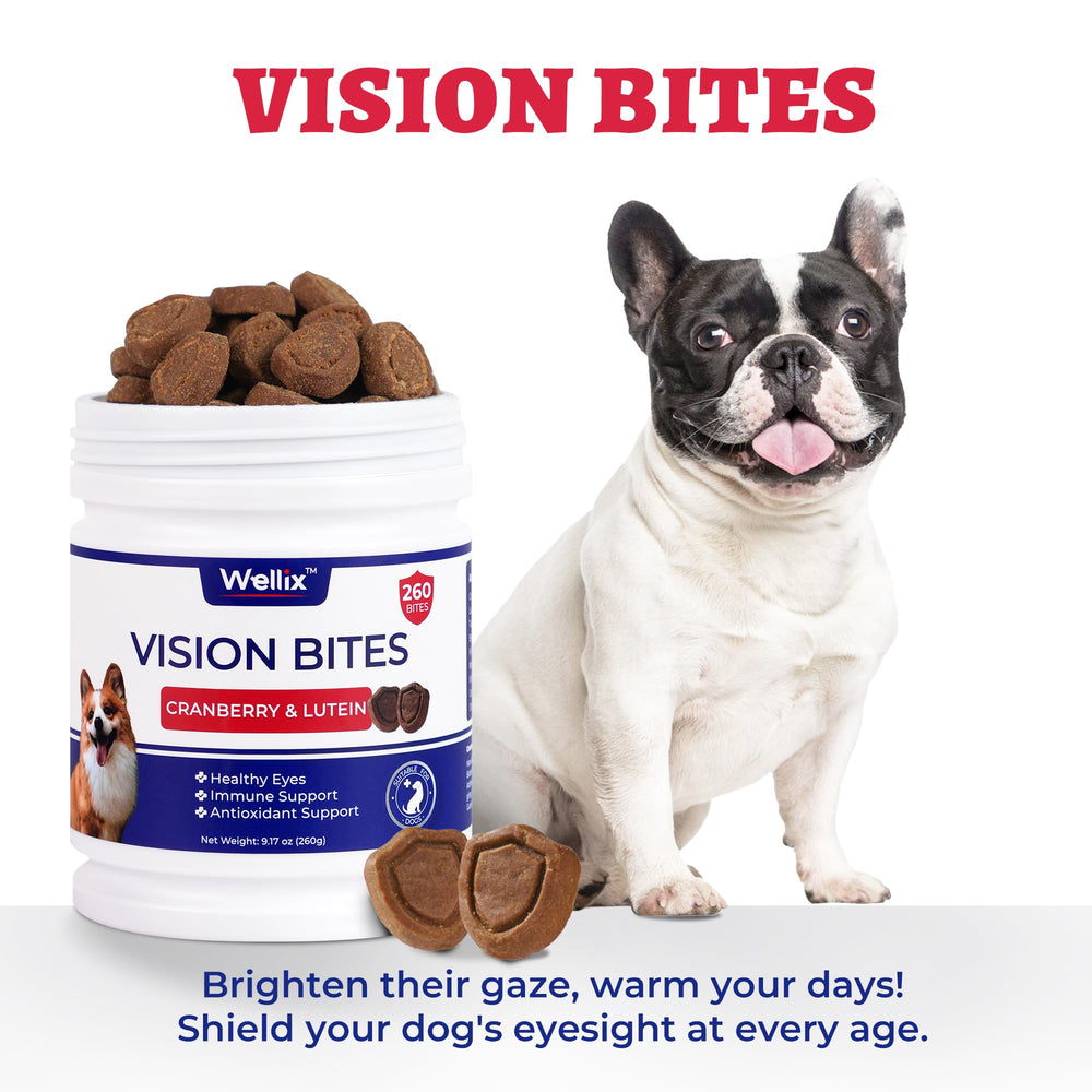 Wellix all breeds eye health chews package demonstrates suitability for puppies to seniors.