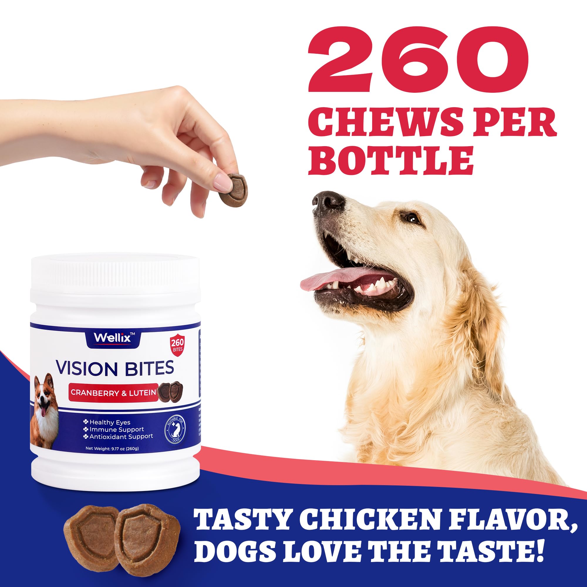 Wellix dog eye supplement jar highlights cranberry and taurine for tear stain support.