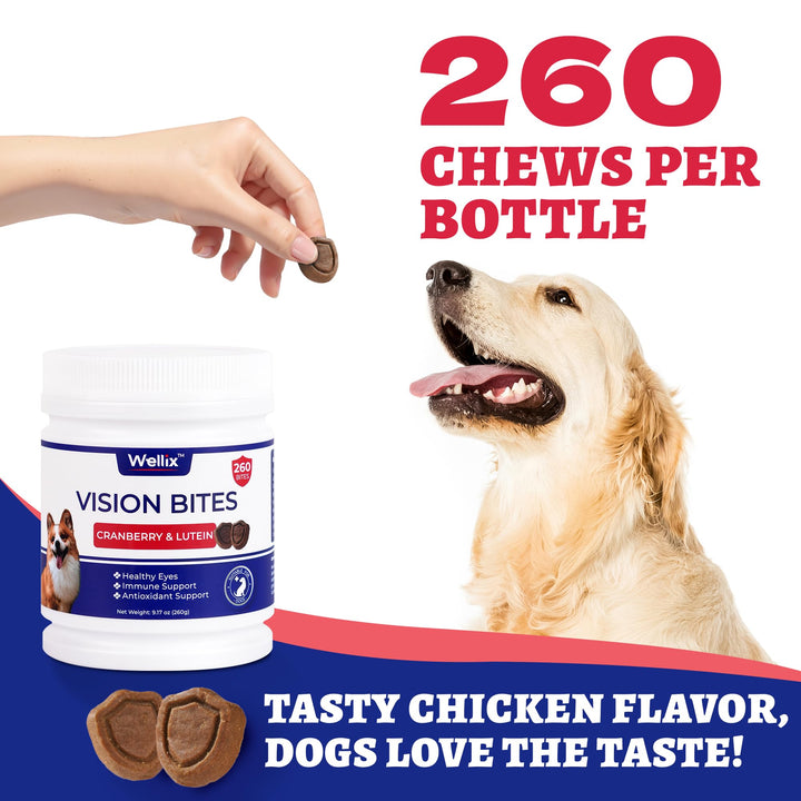 Wellix dog eye supplement jar highlights cranberry and taurine for tear stain support.