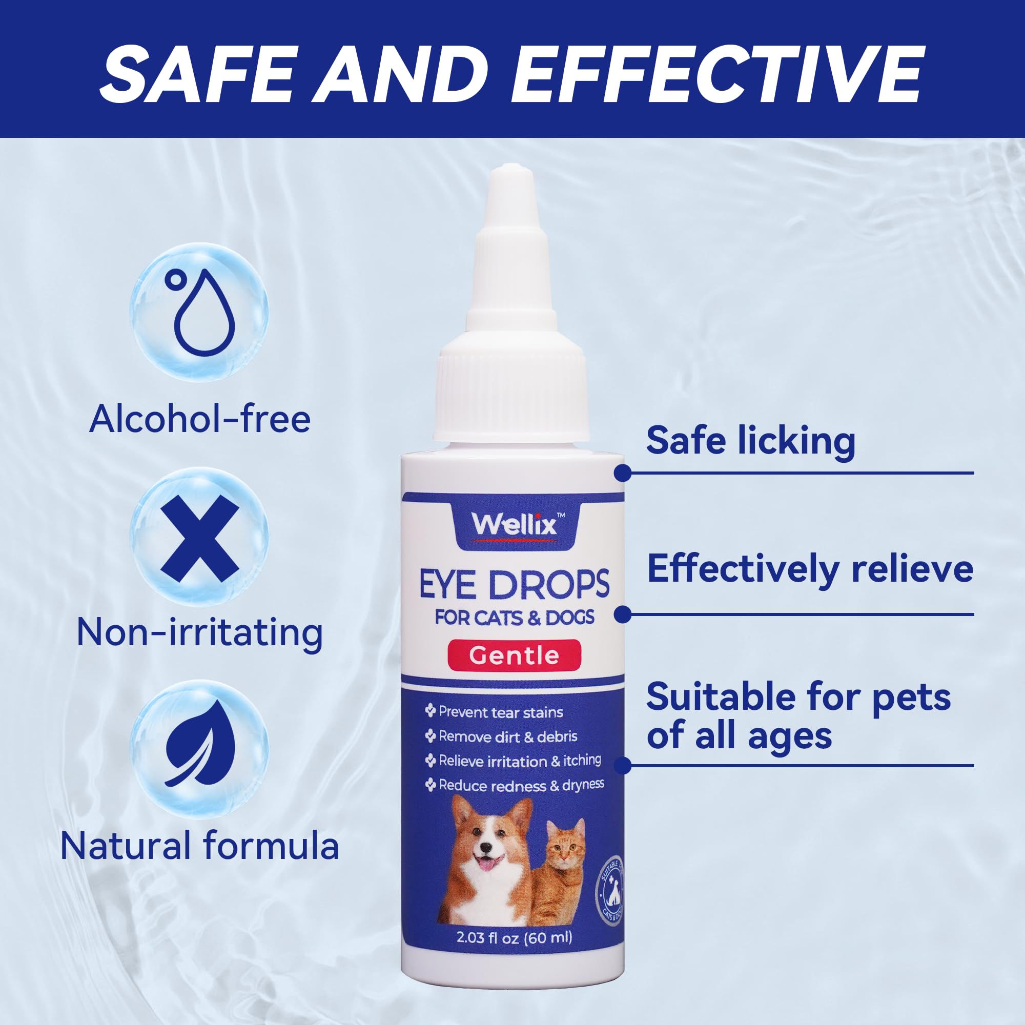 Wellix PET eye drops precision nozzle demonstrates controlled dosing for gentle eye care.
