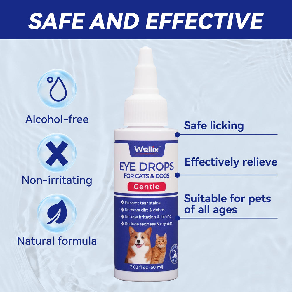 Wellix PET eye drops precision nozzle demonstrates controlled dosing for gentle eye care.
