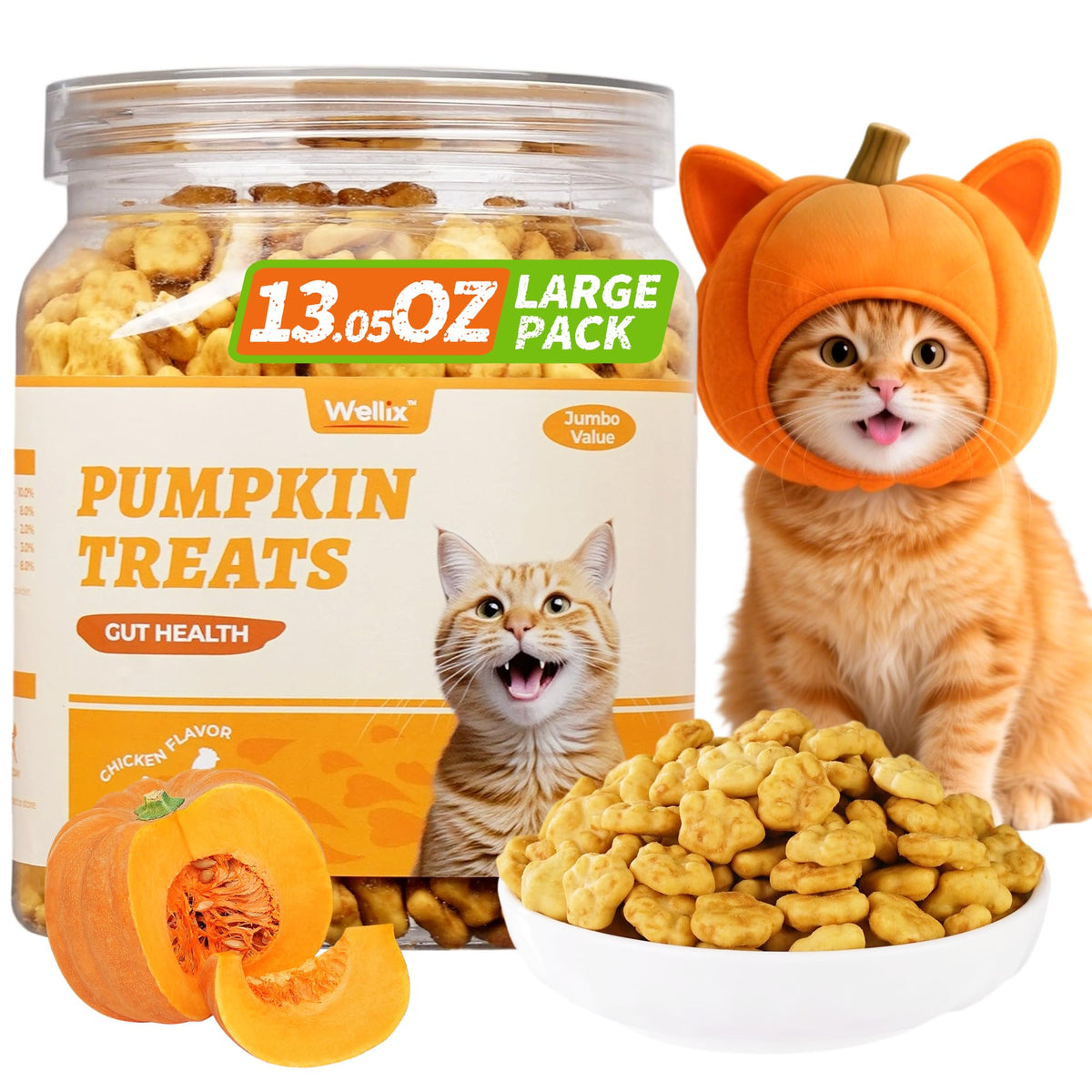 Wellix pumpkin cat treats in a stay-fresh jar for digestion-friendly snacking.