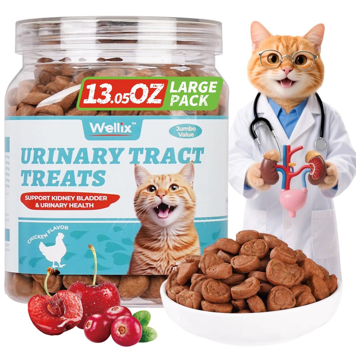 Wellix urinary health cat treats packaging shows chicken flavor for indoor cats.