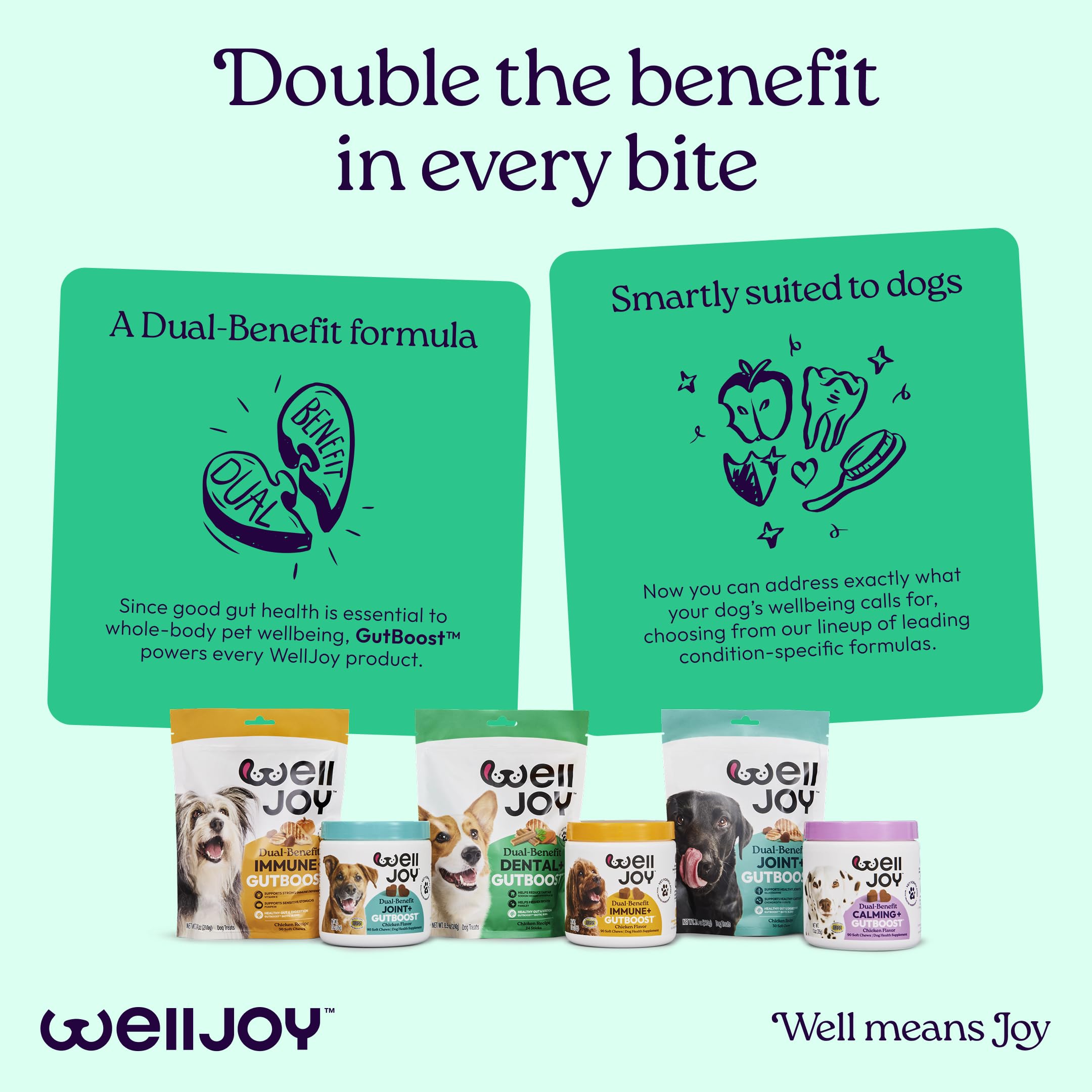 WellJoy dog treats with GutBoost in every bite for wellbeing.