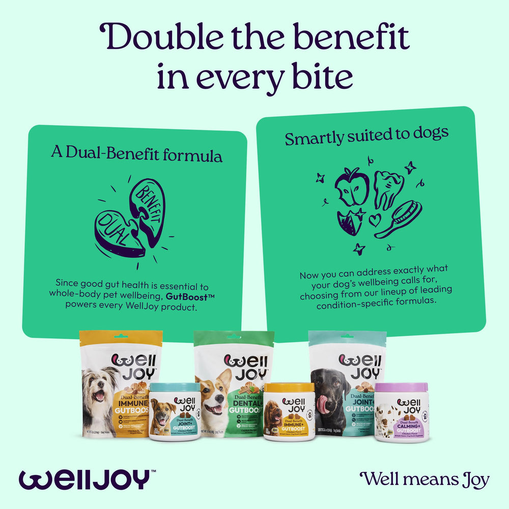WellJoy dog treats with GutBoost in every bite for wellbeing.