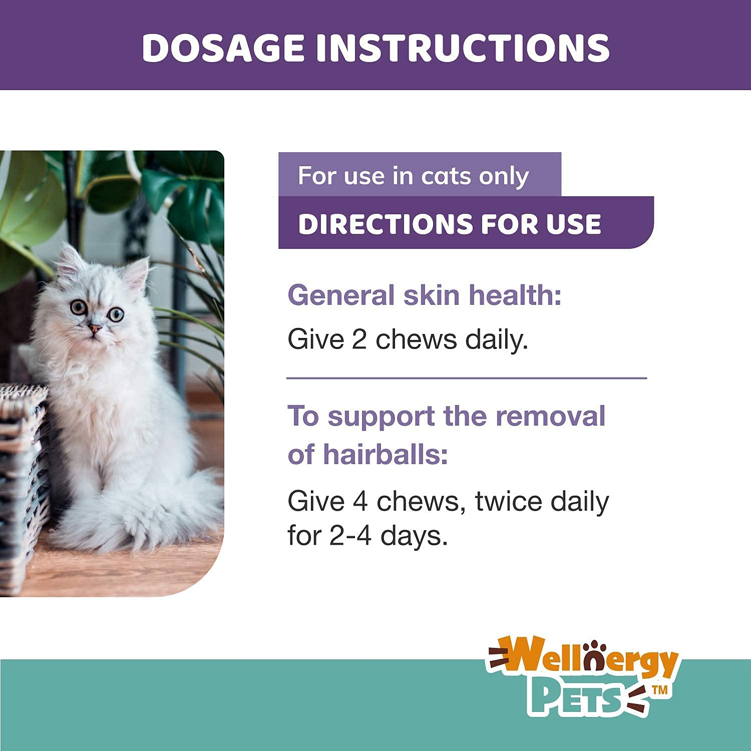Wellnergy Pets hairball control chews packaging showing digestive support features.