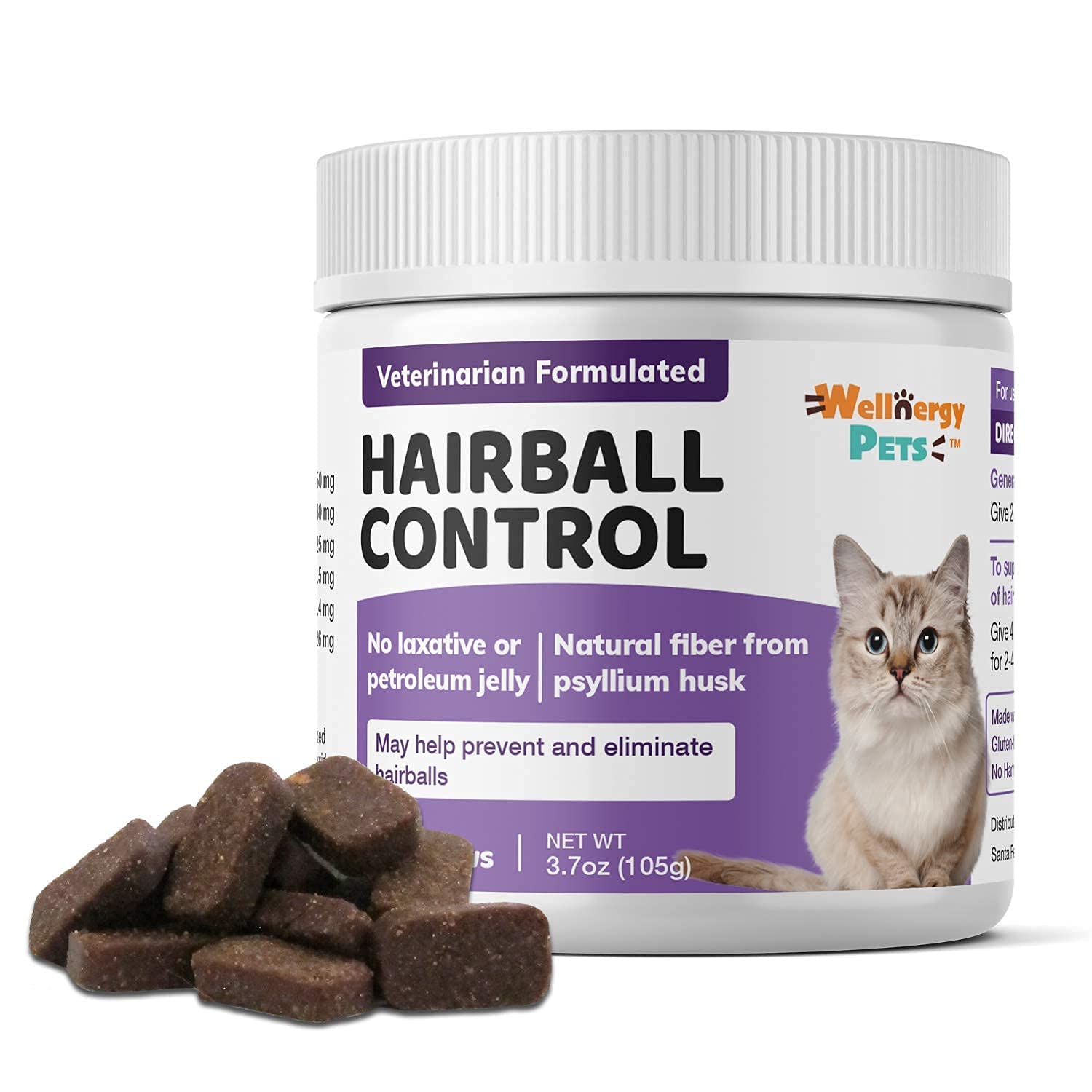 Wellnergy Pets hairball control cat bottle showing omega fatty acids for skin and coat support.