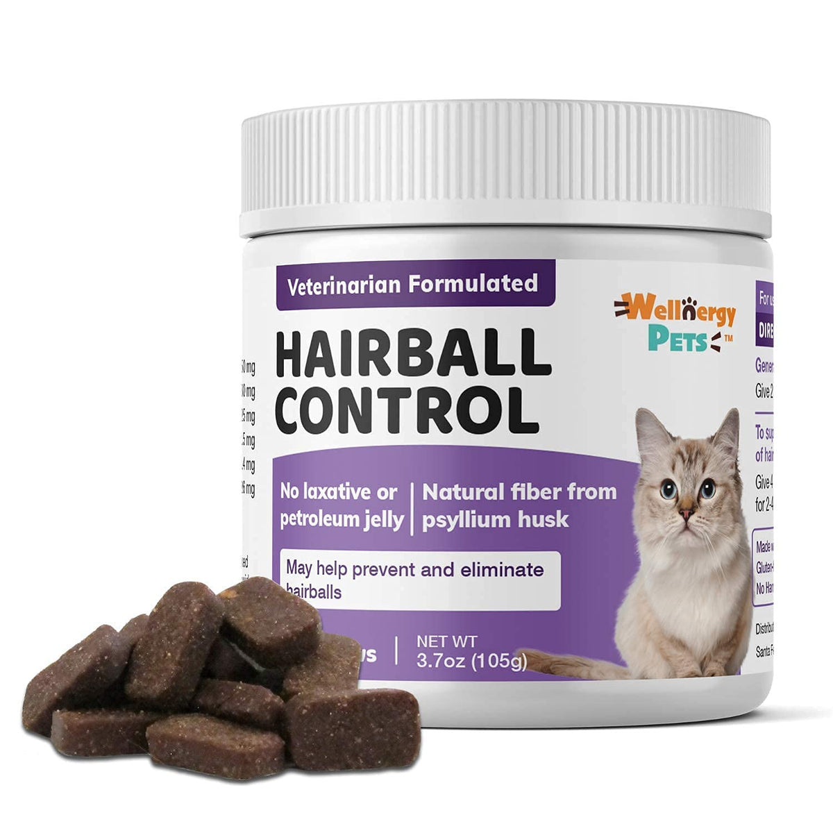 Wellnergy Pets hairball control cat bottle showing omega fatty acids for skin and coat support.