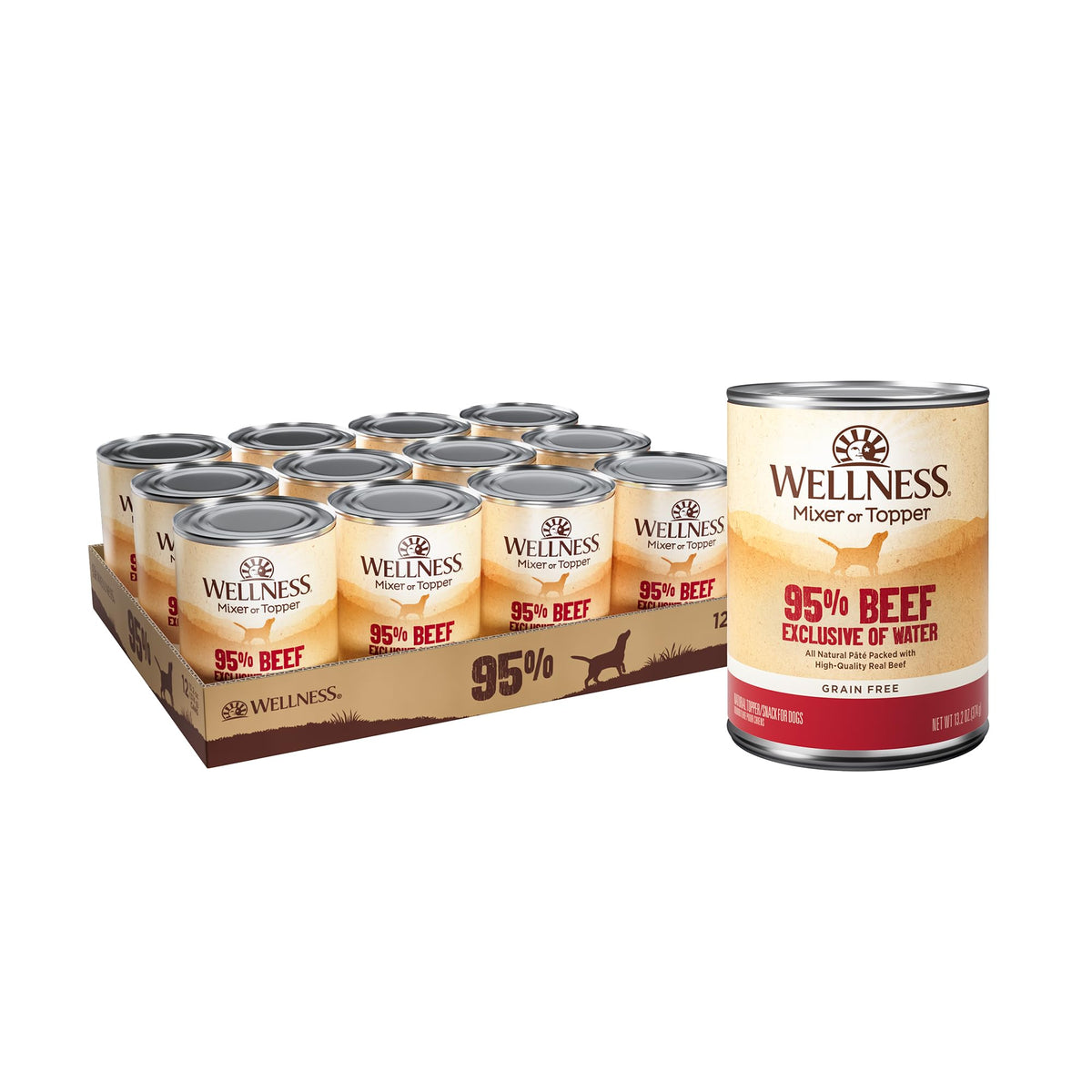 Wellness 95% Beef Pate in a can for dogs, high-protein meal option.