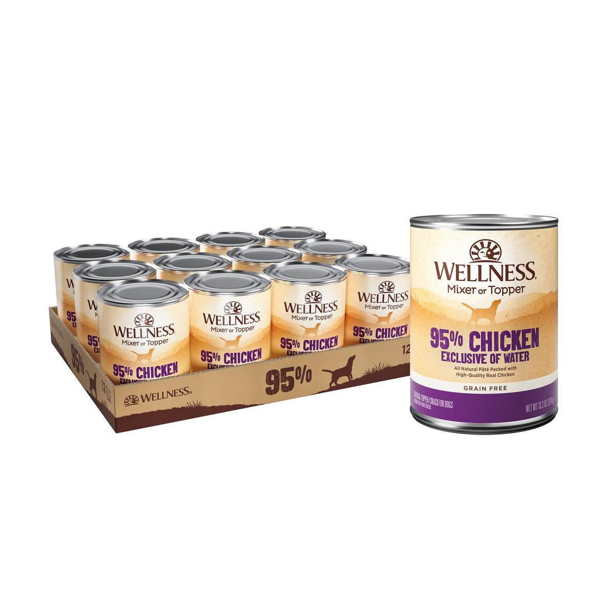 Wellness 95% Chicken Pate can label highlights grain-free, high-protein nutrition for dogs.