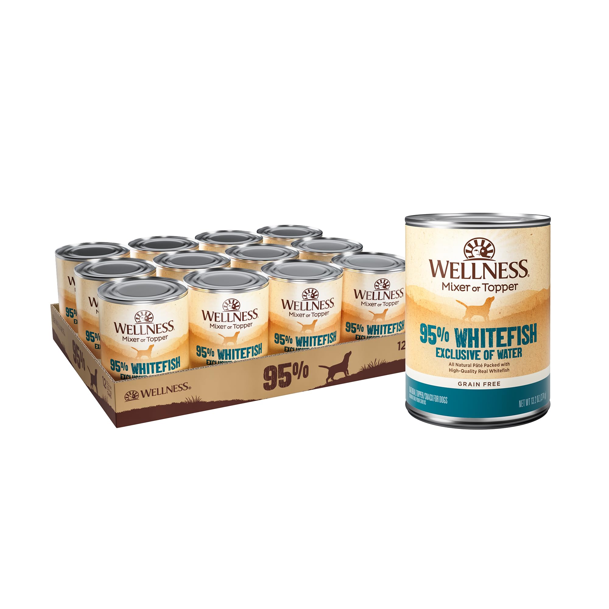 Wellness 95% Whitefish Pate can close-up highlighting grain-free nutrition for dogs